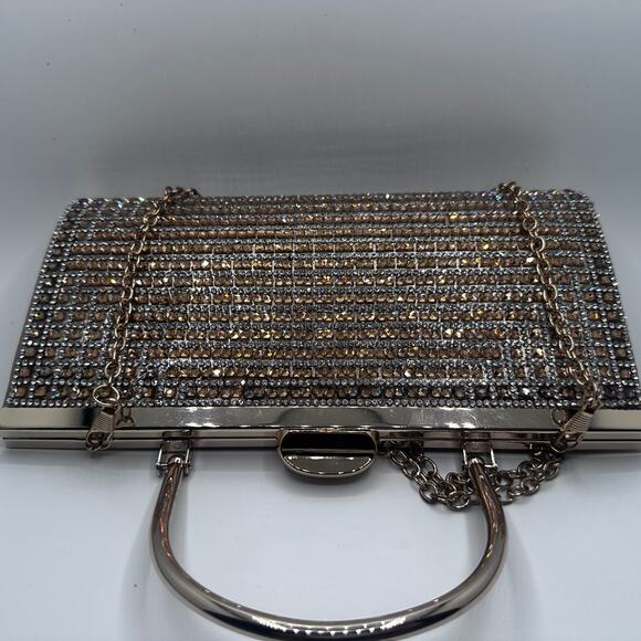 High Sparkle Glittery Rhinestone Silver & Bronze Evening Clutch Crossbody Chain - Picture 6 of 8